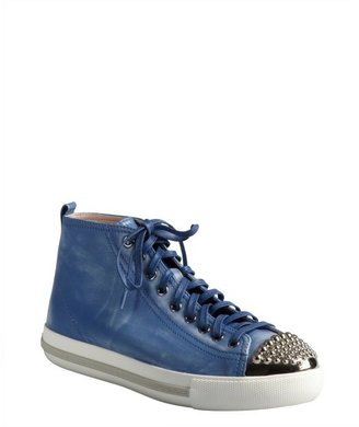 Miu Miu Blue Distressed Leather And Studded Cap Toe Sneakers
