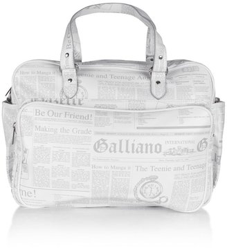 John Galliano White Faux Leather Gazette Print Baby Bag