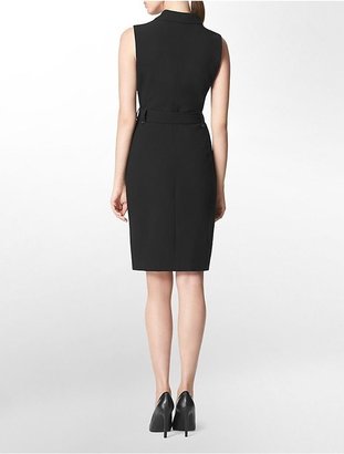 Calvin Klein Womens Colorblock Faux Wrap Belted Sleeveless Shirt Dress