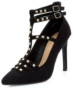 New Look Black Studded Double T-Bar Strap Pointed Heels