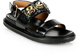 Marni Jeweled Leather Slingback Platform Flat Sandals