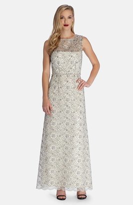 Tahari Sheer Yoke Embroidered Lace Gown