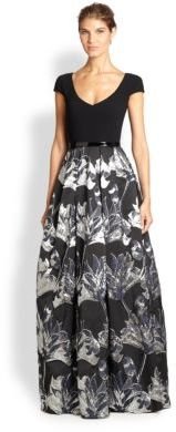 Theia Floral Jaquard & Crepe Ball Gown