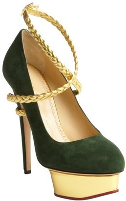 Charlotte Olympia dark green suede and gold braid 'Dolly' platform pumps