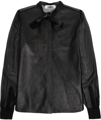 Valentino Pussy-bow leather and silk-chiffon shirt