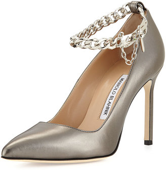 Manolo Blahnik BB Leather Pump with Chain Strap, Anthracite