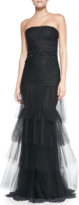 Marchesa Notte Strapless Beaded-Waist Tulle-Skirt Gown