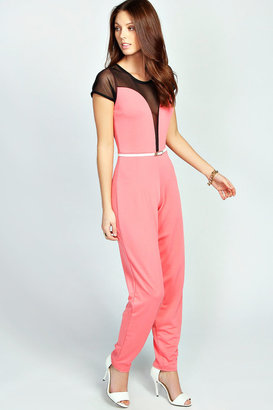 boohoo Erin Mesh Insert Capped Sleeve Belted Jumpsuit