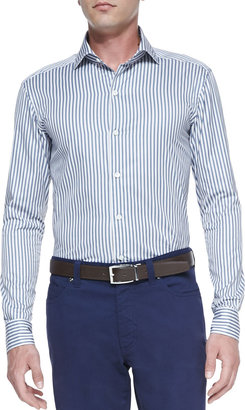 Ermenegildo Zegna Poplin Striped Long-Sleeve Shirt, Blue