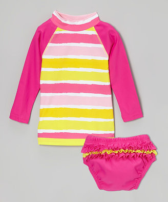 BaBy BanZ Pink & Yellow Stripe Rashguard Set - Infant