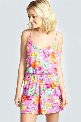boohoo Tori String Back Tropical Strappy Playsuit