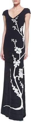 Theia Cap-Sleeve Floral AppliquÃ© Gown, Midnight Black