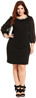 Ruby Rox Plus Size Three-Quarter-Sleeve Embellished-Neck Dress