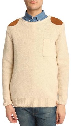Knowledge Cotton Apparel Tweed Knit Round Neck Beige Sweater with Shoulder Patches