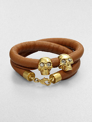 Alexander McQueen Double Skull Leather Wrap Bracelet/Goldtone