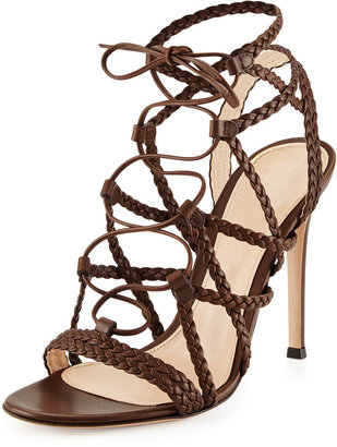 Gianvito Rossi Braided Leather Lace-Up Sandal, Medium Brown