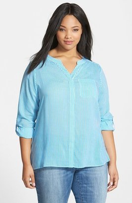 Foxcroft Pinstripe Split Neck Shirt (Plus Size)