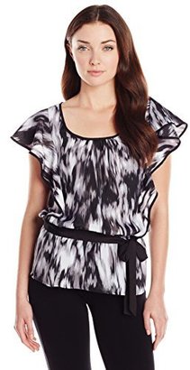 NY Collection Women's Flutter Sleeve Printed Blouse with Waist Tie