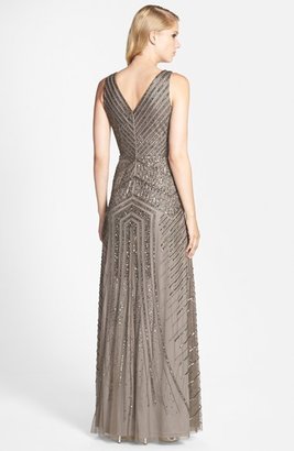 Adrianna Papell Beaded Mesh V-Neck A-Line Gown