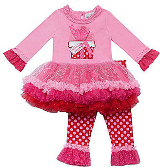 Rare Editions 2T-4T Glitter-Accented Tutu-Skirted Dress & Dotted Leggings Set