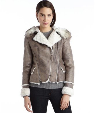 Laundry by Shelli Segal taupe and ivory faux suede and fur asymmetrical jacket