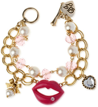 Betsey Johnson Bracelet, Antique Gold-Tone Glass Pearl Lips Charm Bracelet