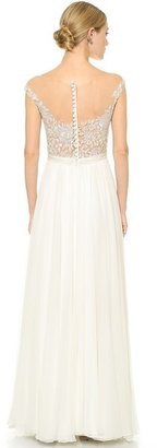 Reem Acra Juliet Embroidered Illusion Off Shoulder Gown
