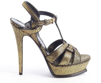 Saint Laurent gold snake embossed metallic leather 'Wolf' t-strap platform sandals