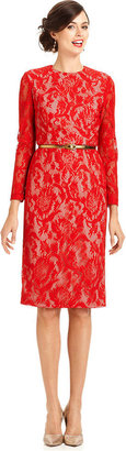 Maggy London Dress, Three-Quarter-Sleeve Belted Lace