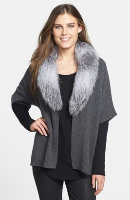 Sofia Cashmere Open Front Cashmere Sweater with Genuine Fox Fur Collar