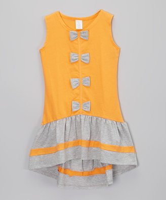 Orange & Gray Bow Ruffle Dress - Infant, Toddler & Girls