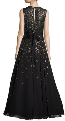 Rebecca Taylor Sleeveless Beaded Illusion-Neck Gown
