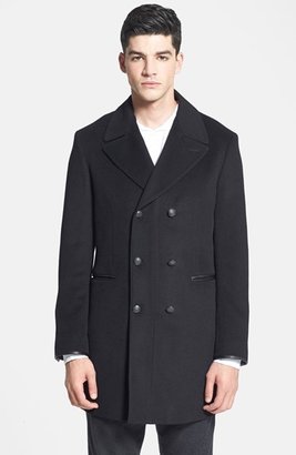 John Varvatos Double Breasted Wool Blend Topcoat with Leather Trim