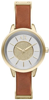 Armani Exchange Silver and Gold Dial and Tan Leather Strap Ladies Watch