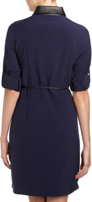 Sharagano Leather-Collar Shirtdress, Navy
