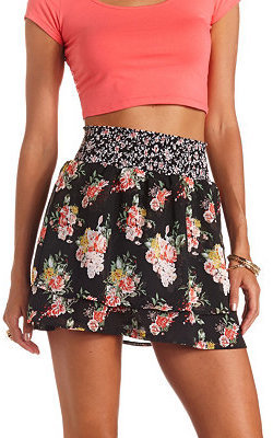 Charlotte Russe Shirred Waist Floral Print Tiered Skirt