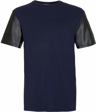 Topman Navy Leather Look Sleeve T-Shirt