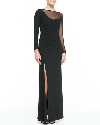 Halston Mesh Inset Long-Sleeve Gown