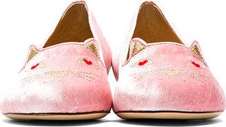 Charlotte Olympia Pink Crushed Velvet Love Kitty Flats