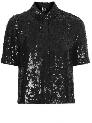 Topshop Short sleeve all-over sequin shirt. 100% polyester. machine washable.