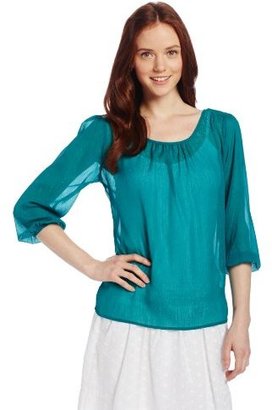 Amy Byer A. Byer Juniors Pleat Front Scoop Neck Hi-Lo Bow Back 3/4 Sleeve Blouse