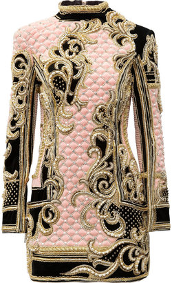 Balmain Embellished quilted velvet mini dress
