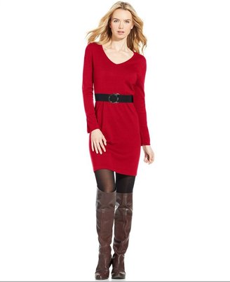 NY Collection Petite Belted Sweater Dress