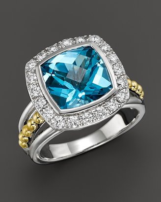 Lagos 18K Gold and Sterling Silver Prism Large Blue Topaz Ring with Diamonds