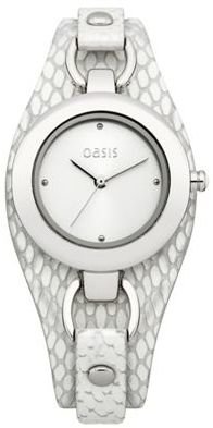 Oasis Ladies white snake leather strap watch with silver dial