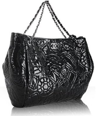 Chanel black quilted patent oversized chain tote