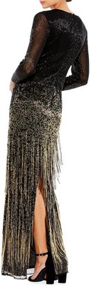 Mac Duggal Ombre Sequin Fringe Long-Sleeve Gown
