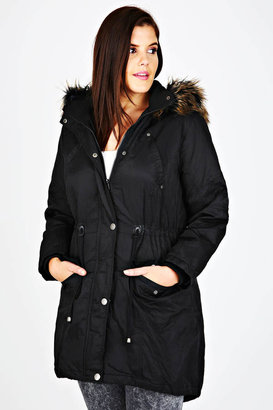 Yours Clothing Black Twill Lined Parka With Fur Trim Hood