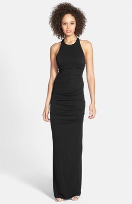 Nicole Miller Ruched Cross Back Jersey Gown