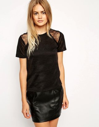 ASOS T-Shirt in Texture with Eyelash Lace Trim - White